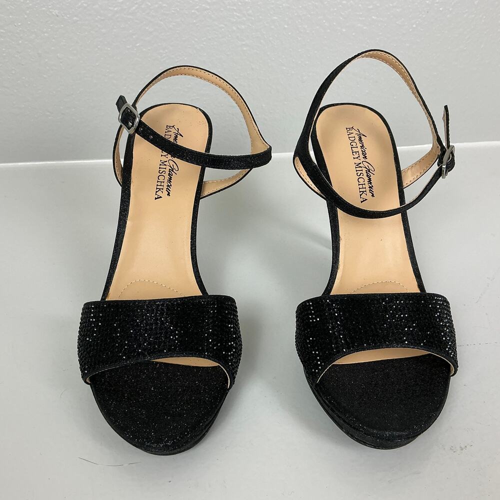 Badgley Mischka Yasmin Black High Heels Metallic Ankle Strap Shoes Size 8 - Picture 3 of 9